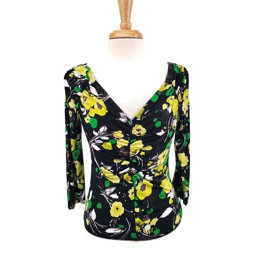 MIXIT Womens Black Yellow Floral 3/4 Sleeve Blouse Sz M V-Neck Stretch Boho